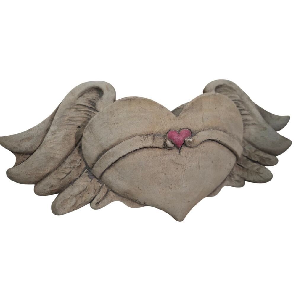Folk Art Concrete Wall Pocket Hanging Wing Heart Angel Outdoor Decor Planter